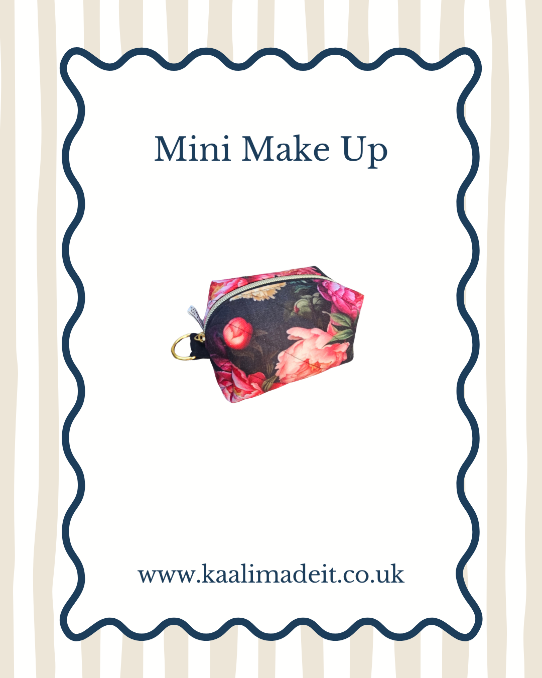 A small floral makeup pouch with a gold zipper pull and a small red apple charm, centered on a white card with a navy wavy border. The card reads 'Mini Make Up' at the top and 'www.