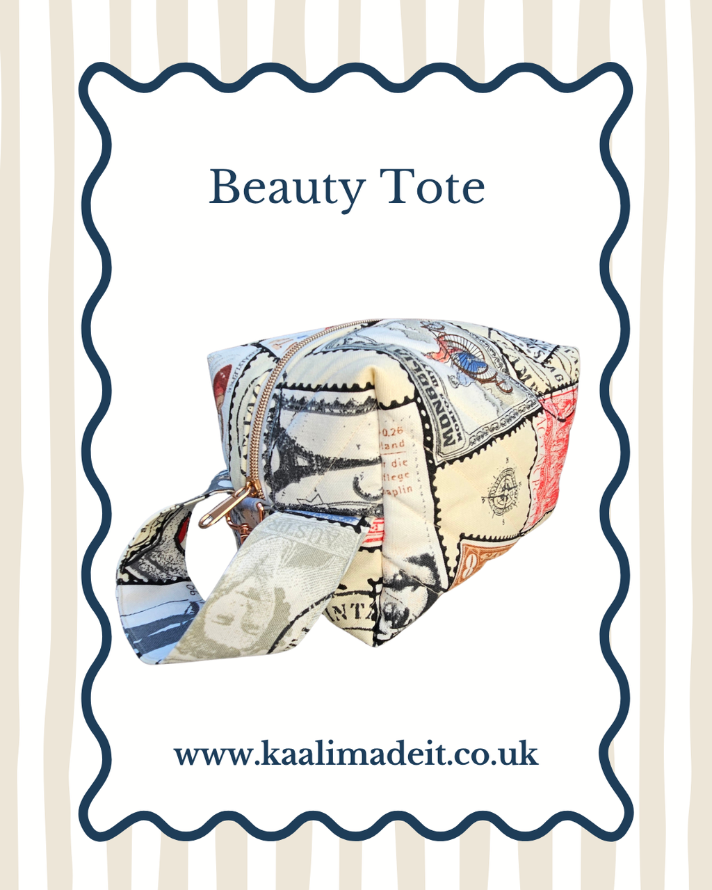 A fabric beauty tote bag with a multicolor postage stamp pattern, presented inside a decorative white frame with the text 'Beauty Tote' and the website 'www.kaalimadeit.