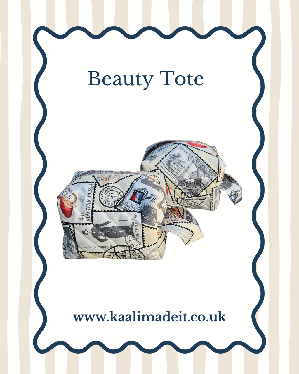 A product listing graphic for a Beauty Tote, showing two small fabric tote bags with a vintage postage stamp collage print. The image is framed by a wavy blue border on a white background with light beige vertical stripes, featuring the text 'Beauty Tote' and the website 'www.