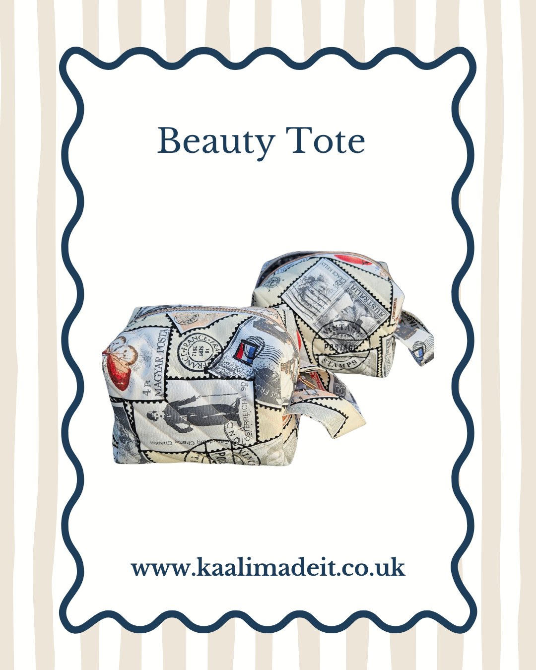 A product listing graphic for a Beauty Tote, showing two small fabric tote bags with a vintage postage stamp collage print. The image is framed by a wavy blue border on a white background with light beige vertical stripes, featuring the text 'Beauty Tote' and the website 'www.