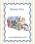 A fabric beauty tote bag with a vintage postage stamp print, shown with its zipper pull. The bag is centered on a white background with a dark blue wavy border, featuring the text 'Beauty Tote' and the website 'www.