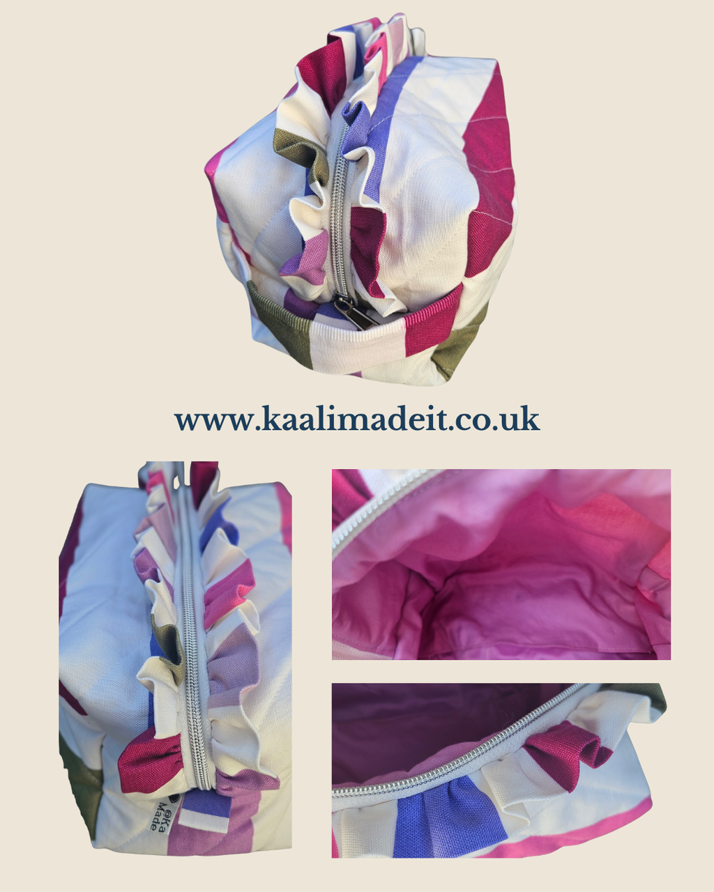 Candy Stripe Beauty Tote with Ruffles | Handmade Washbag