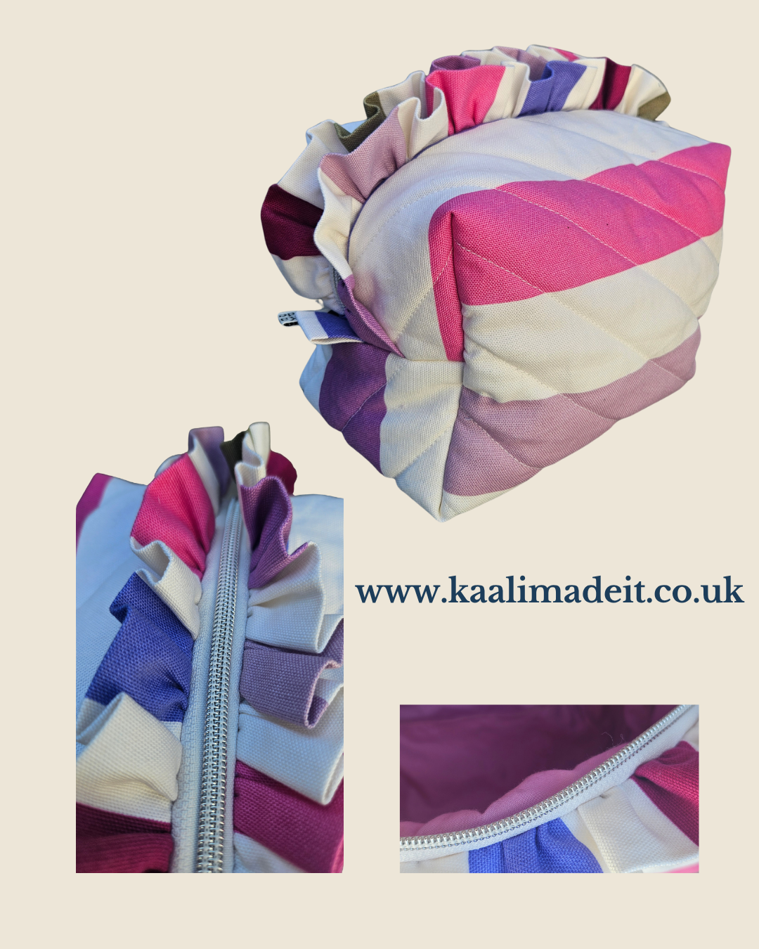 Candy Stripe Beauty Tote with Ruffles | Handmade Washbag