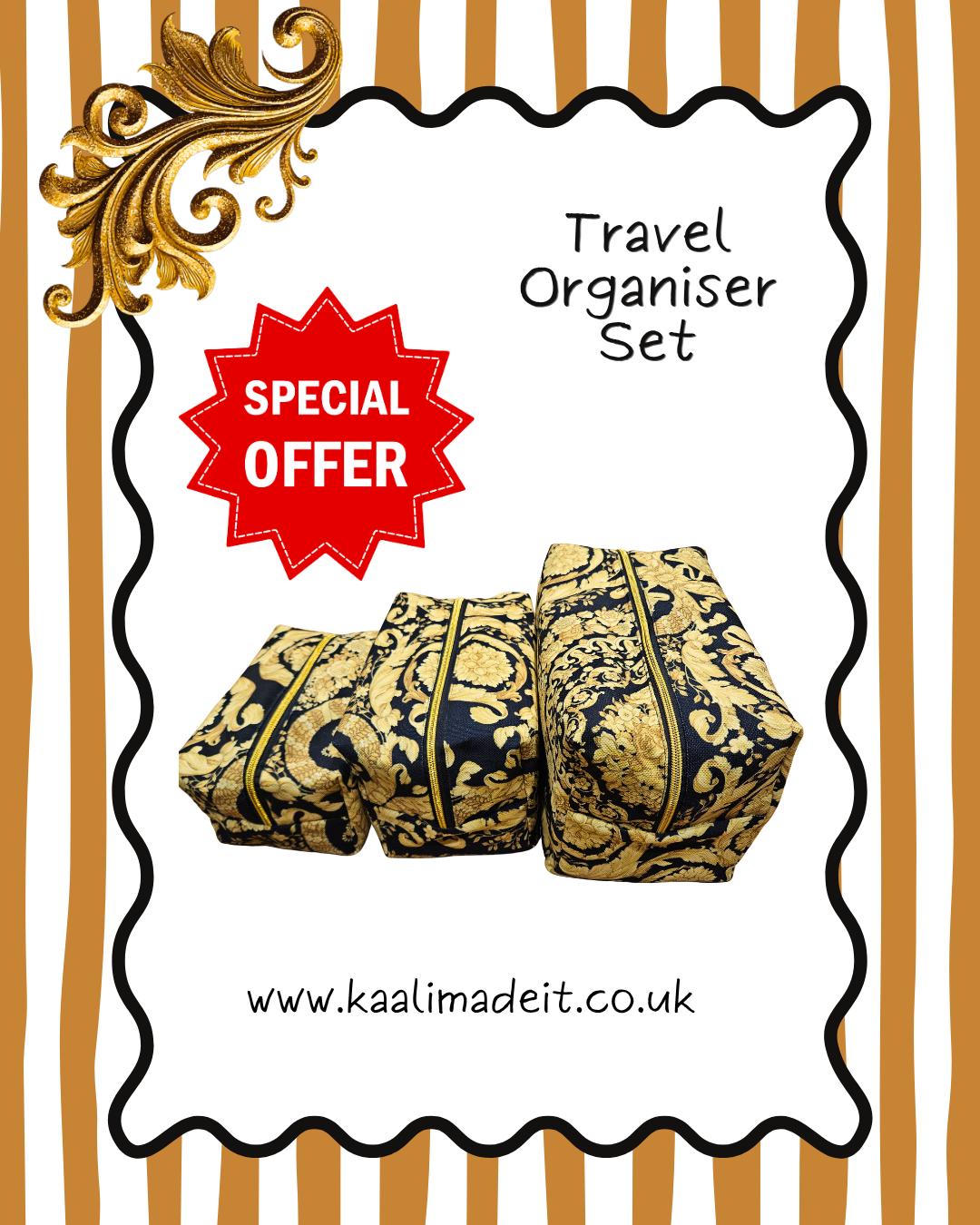 A travel organizer set featuring three fabric pouches with a black and gold damask pattern, presented on a white card with a wavy black border. The card is set against a background of vertical brown and white stripes, with a gold scroll in the top-left corner.