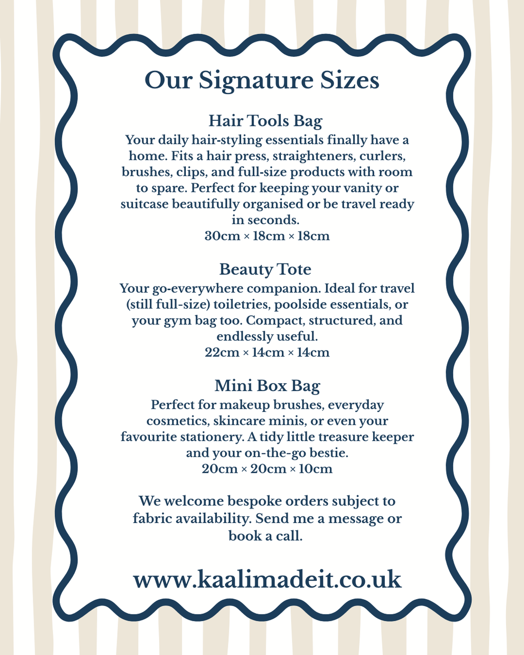 listing infographic for available sizes for box bag made by Kaali