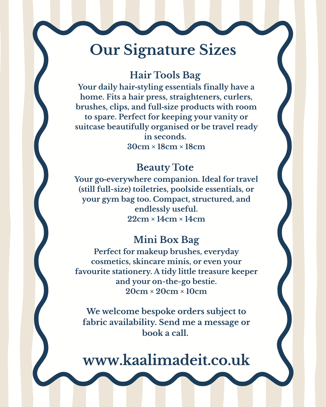 listing infographic for available sizes for box bag made by Kaali