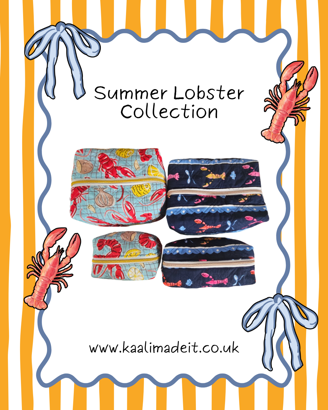 A promotional graphic for the 'Summer Lobster Collection' showing four handmade bags with lobster and sea-themed patterns. The totes feature a light blue background with red, yellow, and orange lobster motifs on the top row, and a dark navy blue background with pink, yellow, and orange lobster motifs on the bottom row.