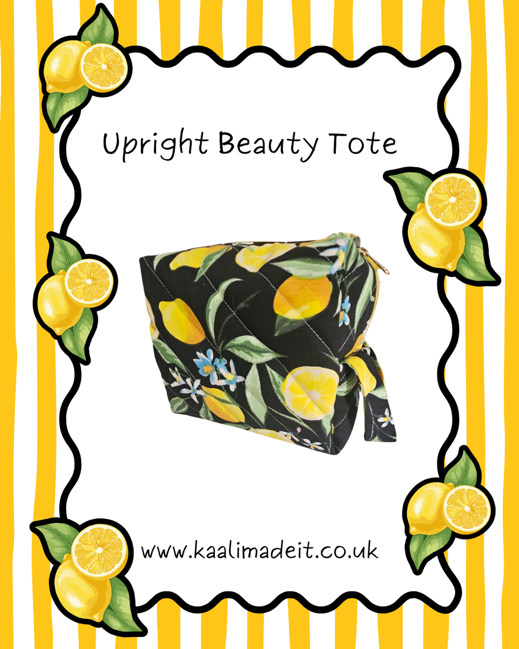 A product listing graphic for an upright beauty tote. The tote bag has a black background with a yellow lemon and green leaf pattern, along with small blue flowers.