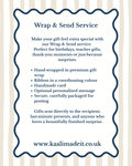 A promotional text card for a 'Wrap & Send Service' with navy blue text and border on a white background, set against a light beige and white vertically striped backdrop.