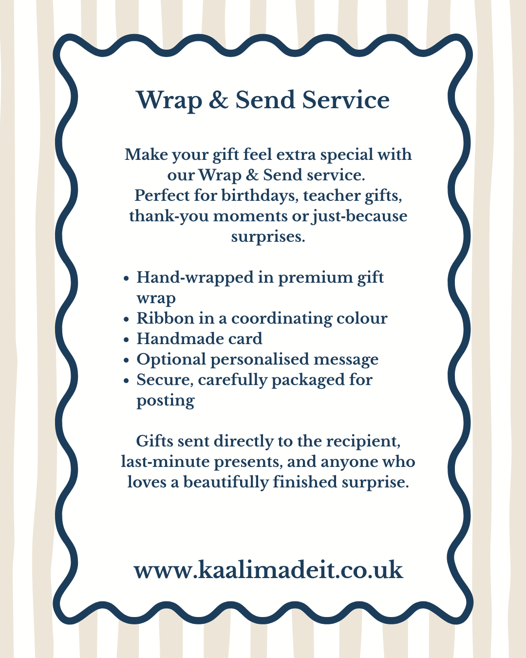 A promotional text card for a 'Wrap & Send Service' with navy blue text and border on a white background, set against a light beige and white vertically striped backdrop.