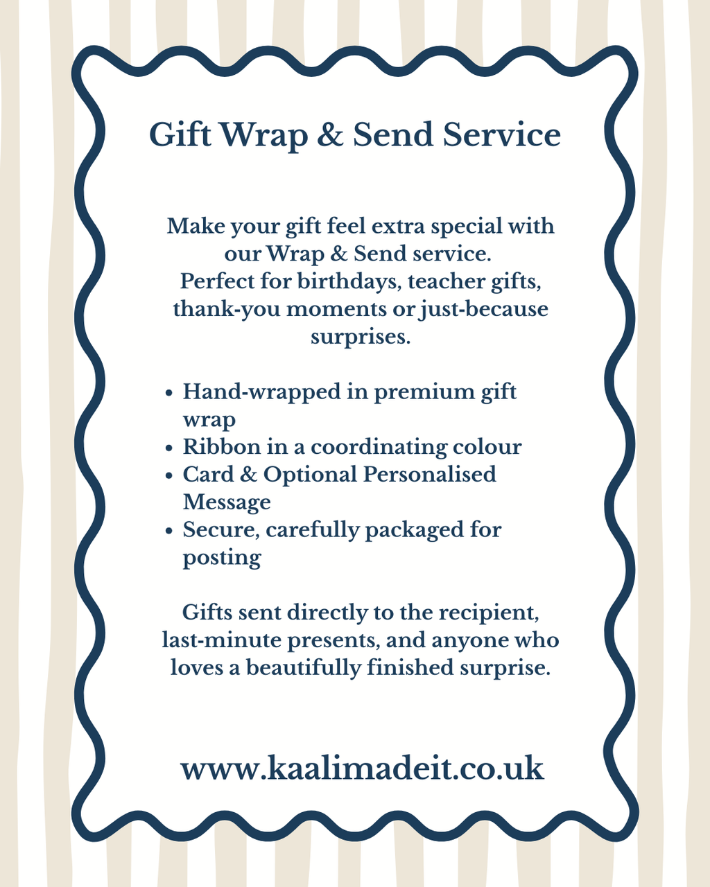 A promotional graphic for a 'Gift Wrap & Send Service' with descriptive text on a white background inside a decorative navy blue border, set against a light beige and white striped background.