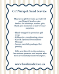 A promotional graphic for a 'Gift Wrap & Send Service' with descriptive text on a white background inside a decorative navy blue border, set against a light beige and white striped background.