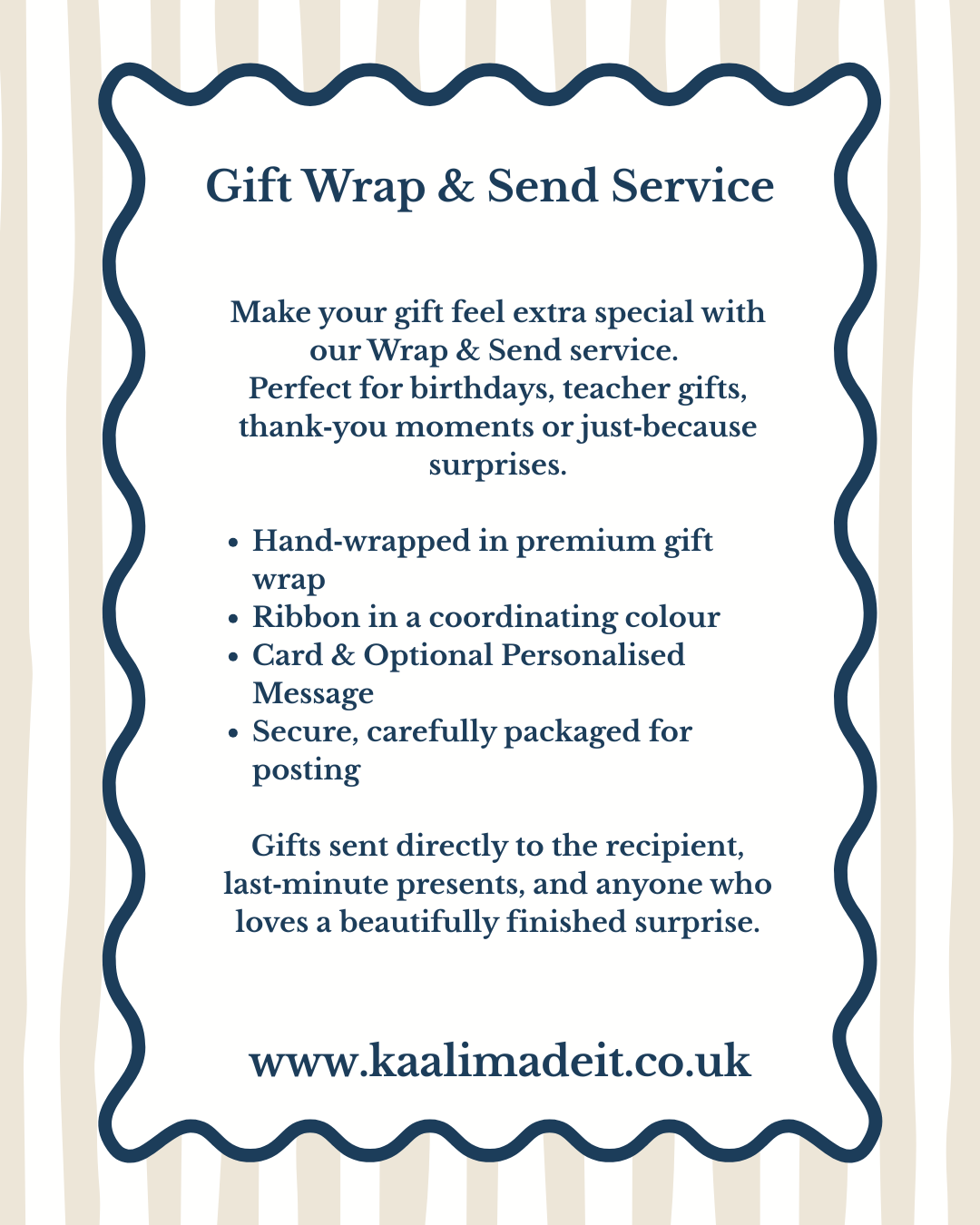 A promotional graphic for a 'Gift Wrap & Send Service' with descriptive text on a white background inside a decorative navy blue border, set against a light beige and white striped background.